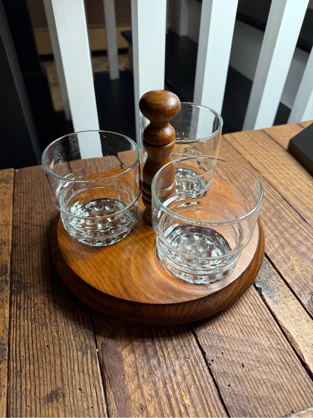 Vintage MCM wood drink caddy and lowball glass set